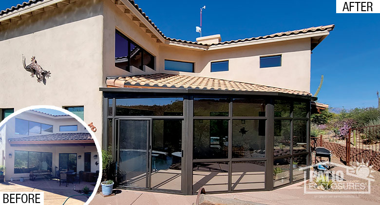 Before pic of covered semi-circular open patio; after pic of same patio enclosed in glass in a semi-circular shape.