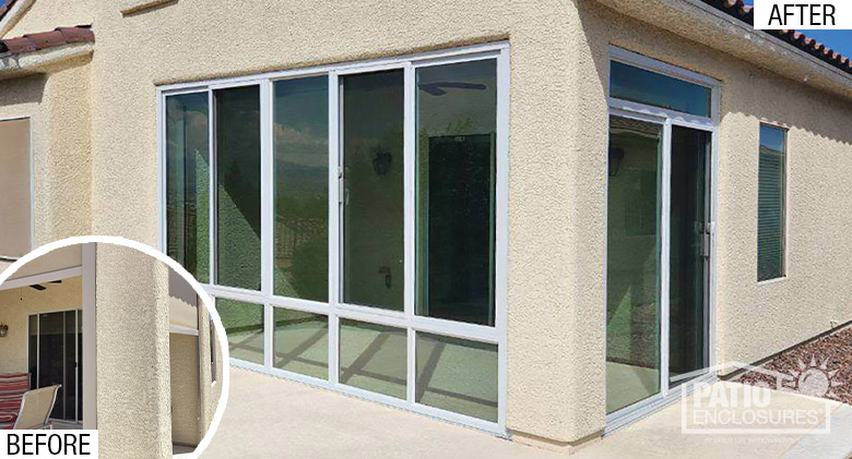Before pic is a close-up of an open corner patio on beige stucco building; after pic of same patio enclosed in glass.