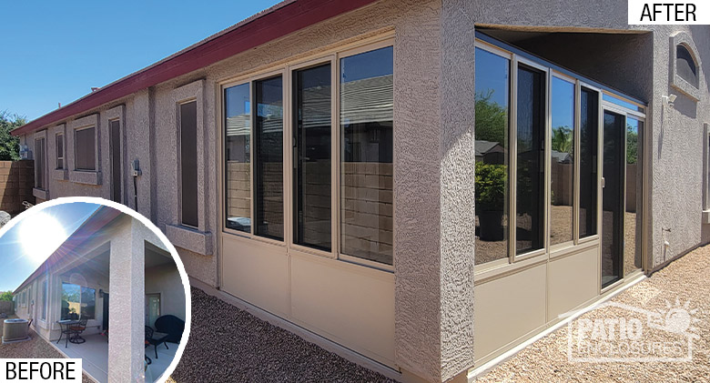 Before pic is an open corner patio w/sun streaming down; after pic of same patio enclosed with glass & solid knee wall