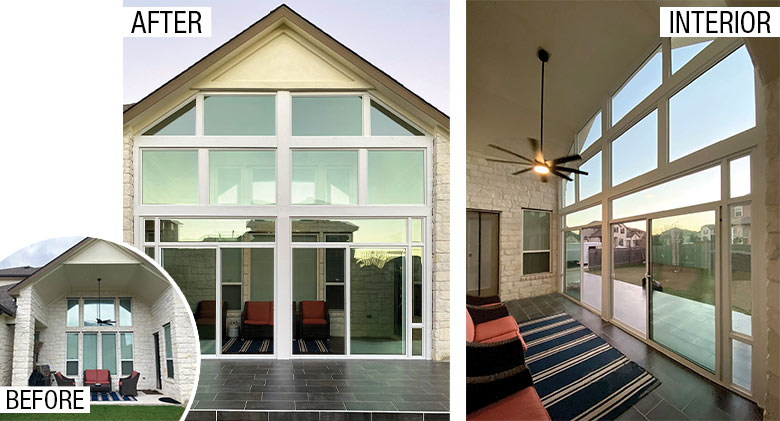 Interior of patio with floor-to-ceiling sunroom windows