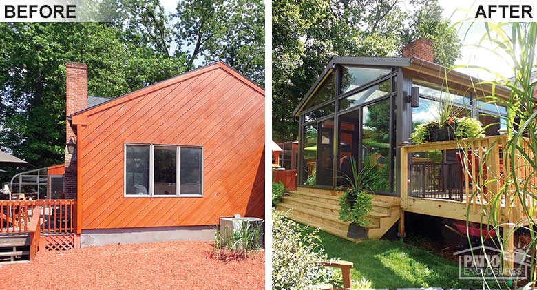 Bronze four season room with aluminum frame, transom and gable roof added on to this East Longmeadow, MA, home.