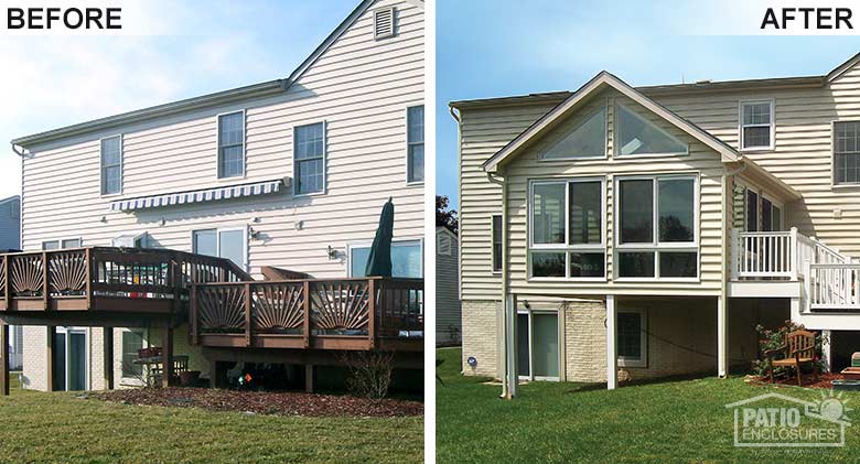 Traditional four season sunroom with gable roof built atop an existing second-story deck.