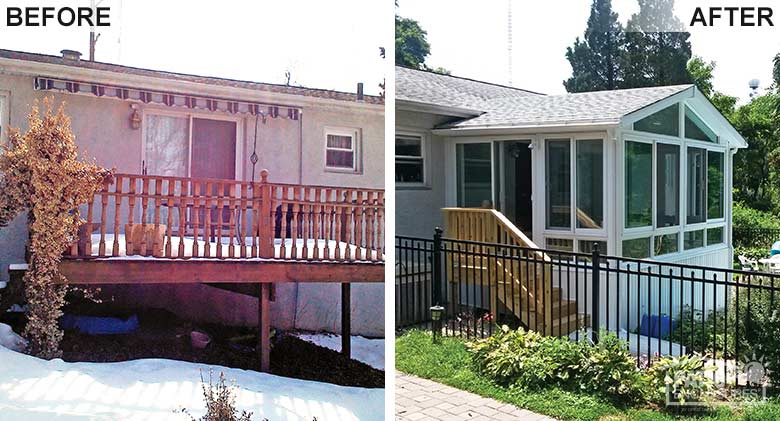 White four season room with vinyl frame, glass knee wall and shingled, gable roof replaced an existing deck.