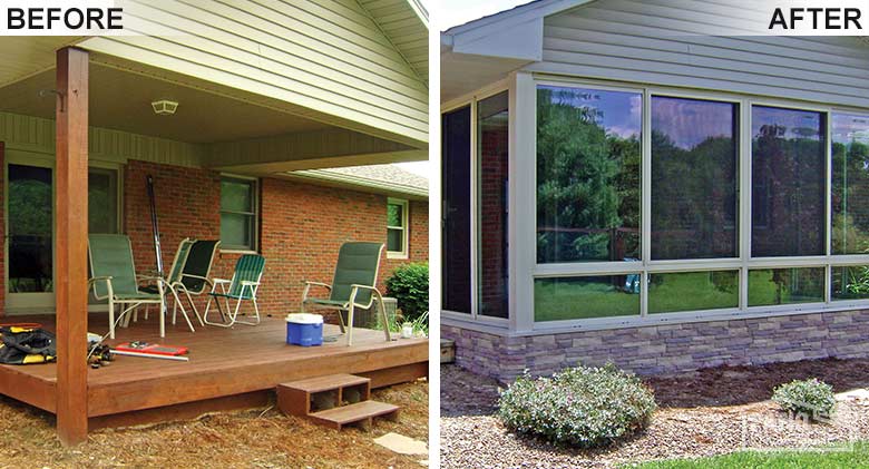 Sandstone four season room with vinyl frame and glass knee wall enclosing an existing covered porch.