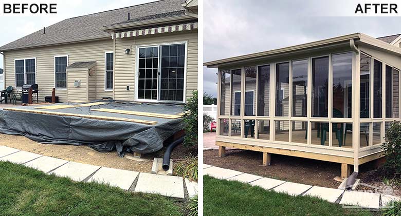 Elite three season room in sandstone with glass knee walls replaced an existing open deck.