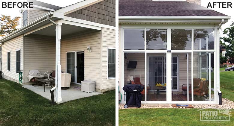 White elite three season room with transom enclosing an existing covered patio.