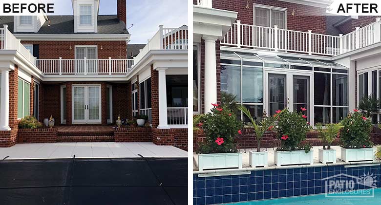 White solarium with glass, single-sloped roof enclosing and existing porch.