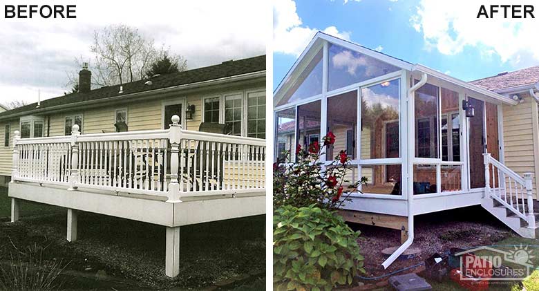 Three season room in white with glass knee wall and gable roof