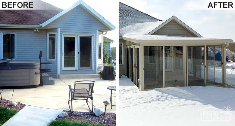 Three season room in sandstone with single-slope roof replaced an open patio.