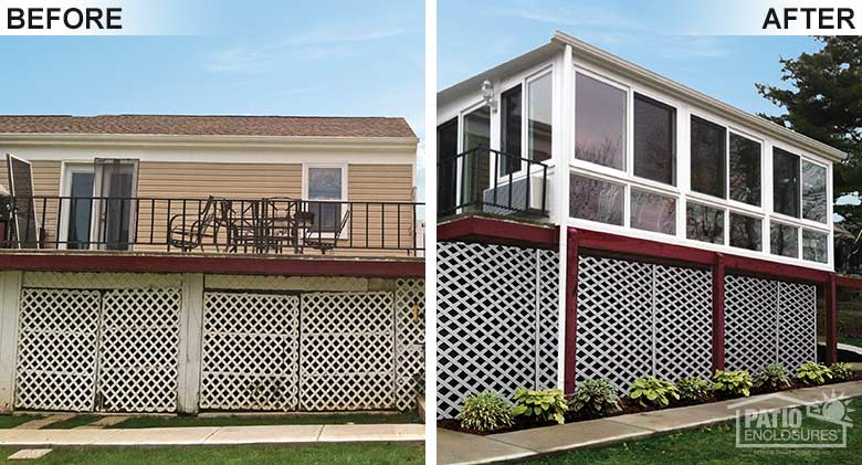 White four season room with aluminum frame, glass knee wall and single-slope roof built atop an existing second-story deck.