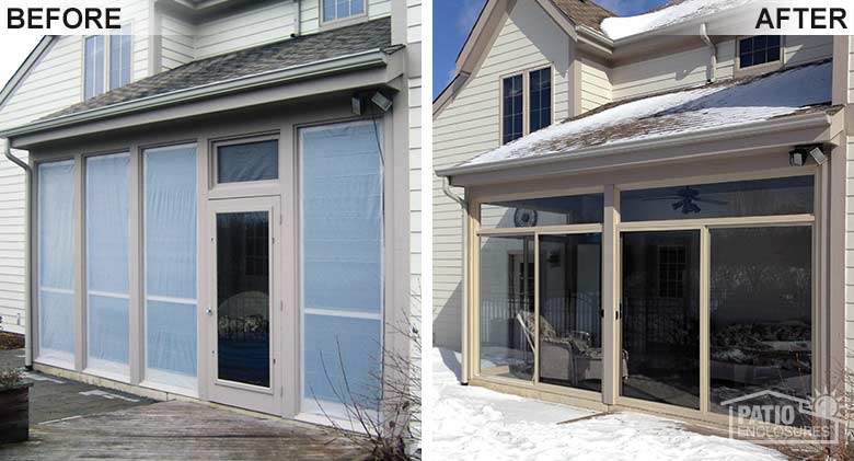 Sandstone three season room with transom enclosing an existing screened-in porch.