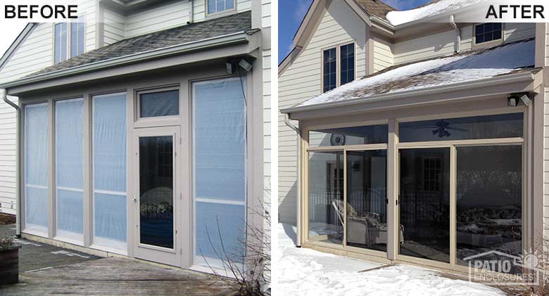 Sandstone three season room with transom enclosing an existing screened-in porch.