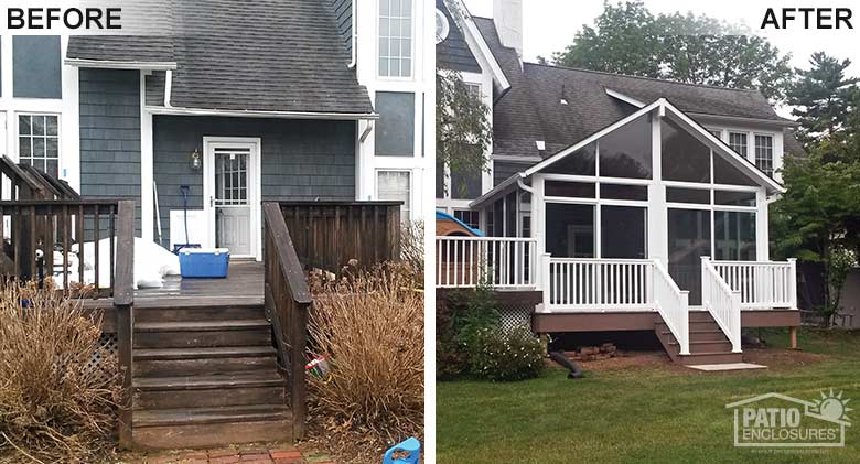 Elite three season room in white with transom and shingled, gable roof replaced an existing deck.