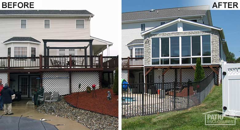 White four season room with aluminum frame, glass knee wall, gable roof and stone fascia built atop an existing second-story deck.