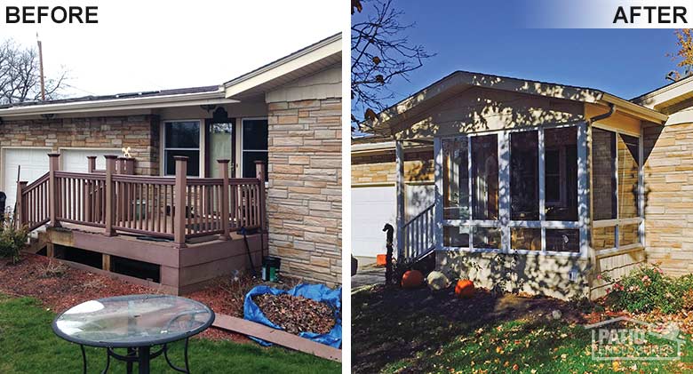 Three season room in white with glass knee wall and gable roof