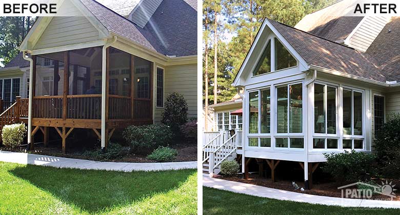 White four season room with vinyl frame, enclosing an existing screened-in porch.