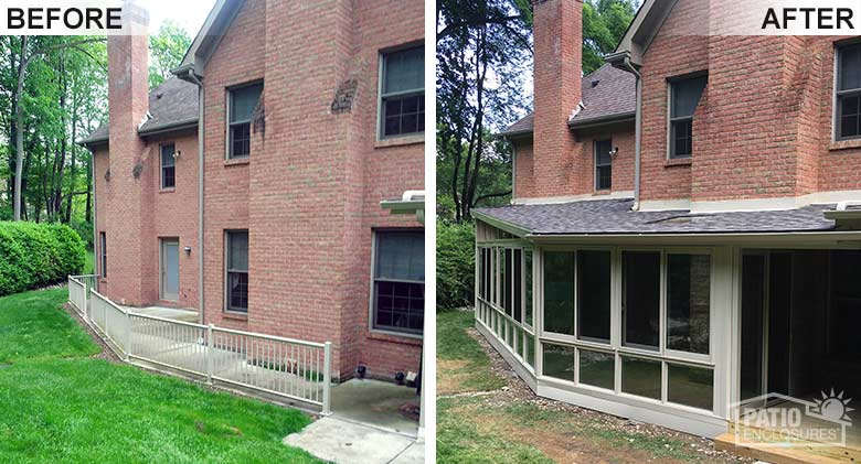 Sandstone four season room with vinyl frame, glass knee wall and shingled, single-sloped roof replaced a concrete patio.