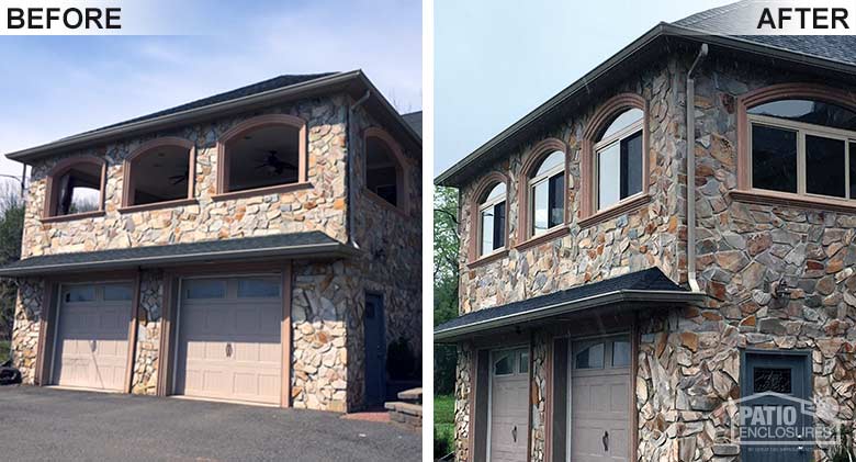 Custom-shaped Elite three season room in sandstone with insulated glass