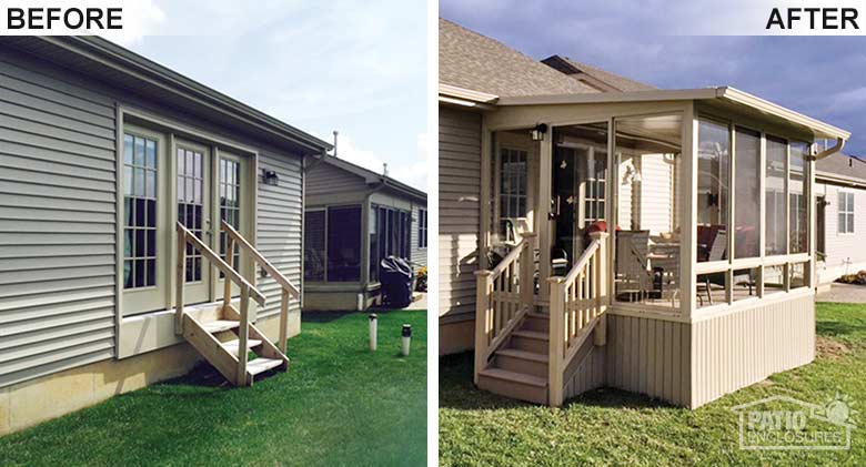 Sandstone four season room with aluminum frame, glass knee wall and single-slope roof added on to this condominium.