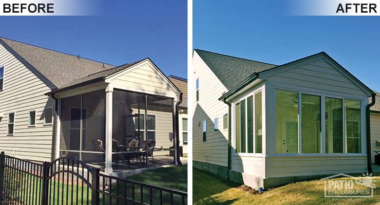 Elite three season room in white with solid knee wall enclosing an existing screened-in porch.