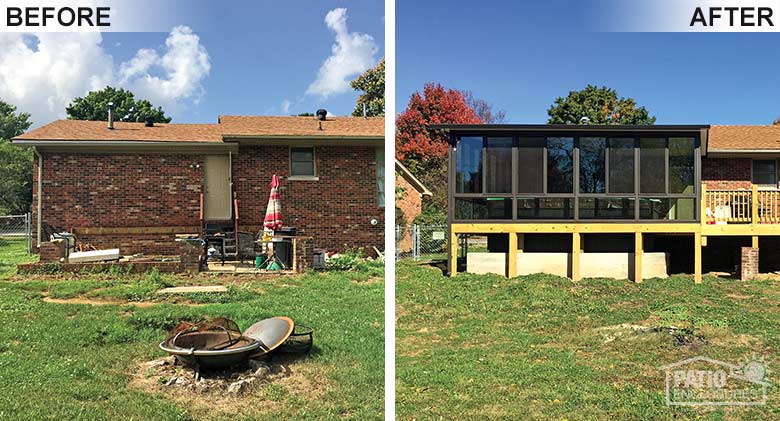 Elite three season room in bronze with glass knee wall and single-slope roof was added onto this Lexington, KY, home.