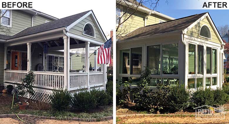 White four season room with vinyl frame and glass knee wall enclosing an existing covered porch.