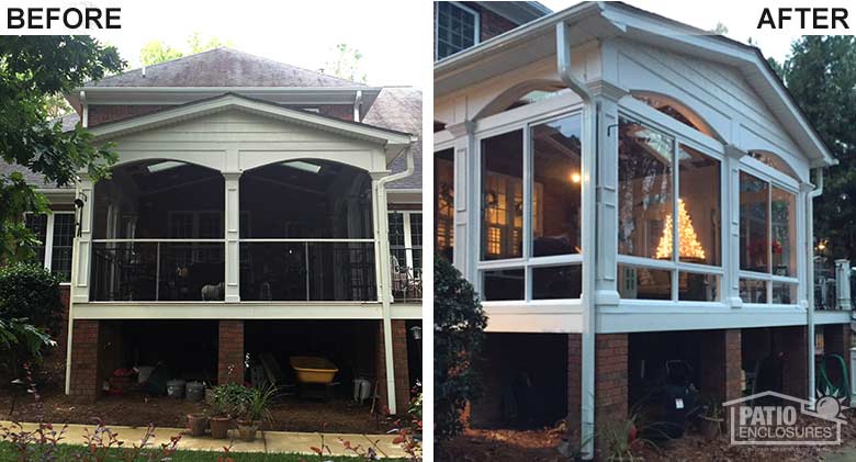 White elite three season room enclosing an existing screened-in porch.