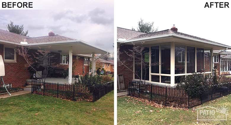 Elite three season room in sandstone with glass knee wall enclosing an existing covered patio.