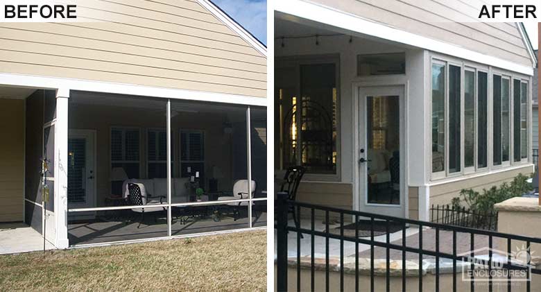 White four season room with vinyl frame and solid knee wall enclosing an existing screened-in patio.