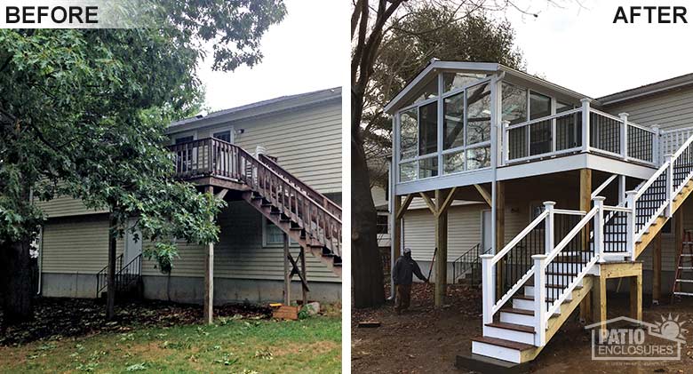 Three season room in white with glass knee walls and gable roof replaced an old second-story deck.