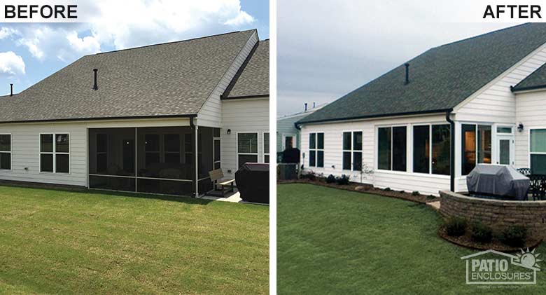 Elite three season room in white with solid knee wall enclosing and existing screened-in porch.