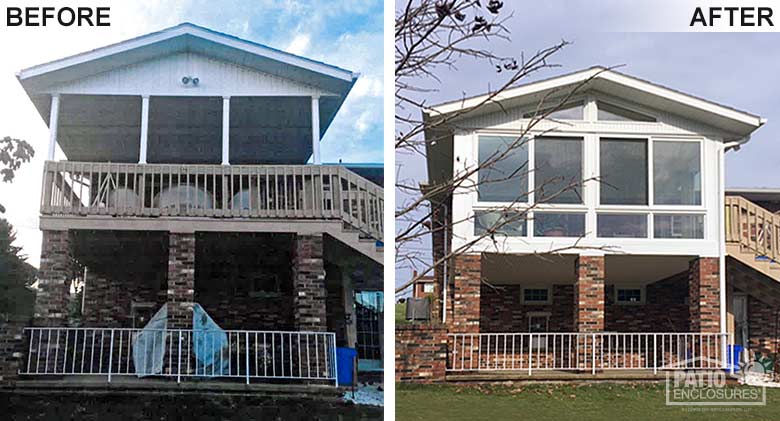 White four season room with vinyl frame and glass knee wall enclosing an existing second-story screened-in porch.