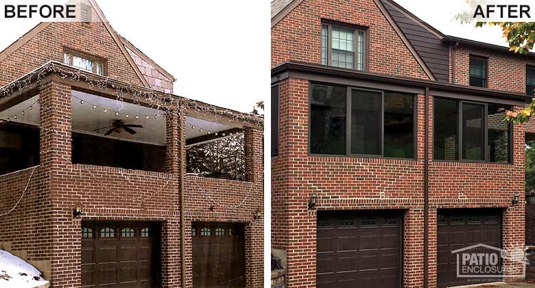 Bronze four season room with aluminum frame enclosing an existing over-the-garage porch.