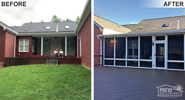 White screen room with knee wall and glass roof panels enclosing an existing covered porch.