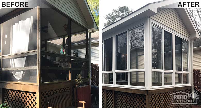 White elite three season room with glass knee wall enclosing an existing screened-in porch.