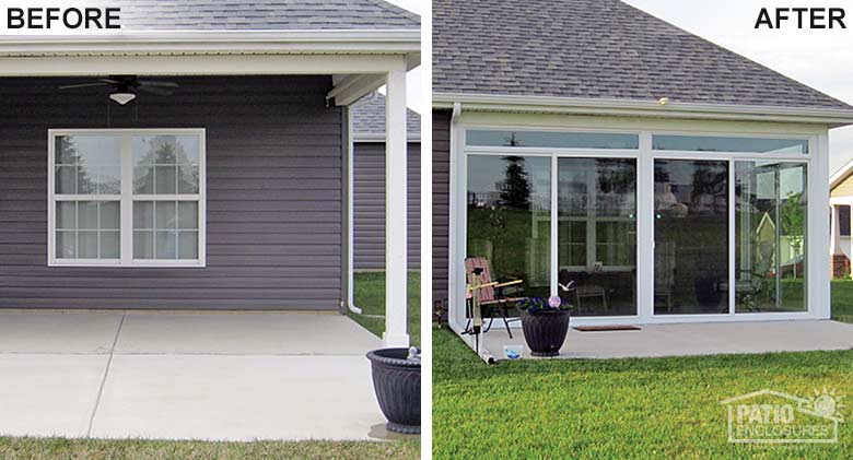 White elite three season room with transom enclosing an existing covered patio.