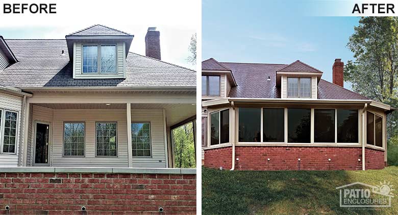 Sandstone elite three season room enclosing an existing covered patio.