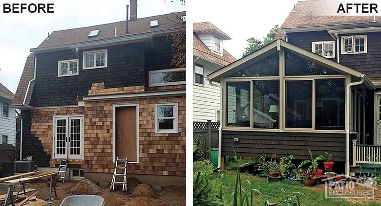 Sandstone four season room with solid knee wall and gable roof