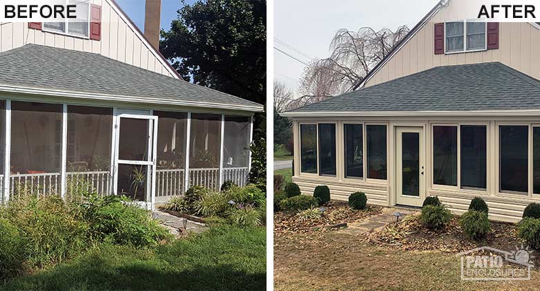 Sandstone four season room with vinyl frame and solid knee wall enclosing and existing screened-in porch.