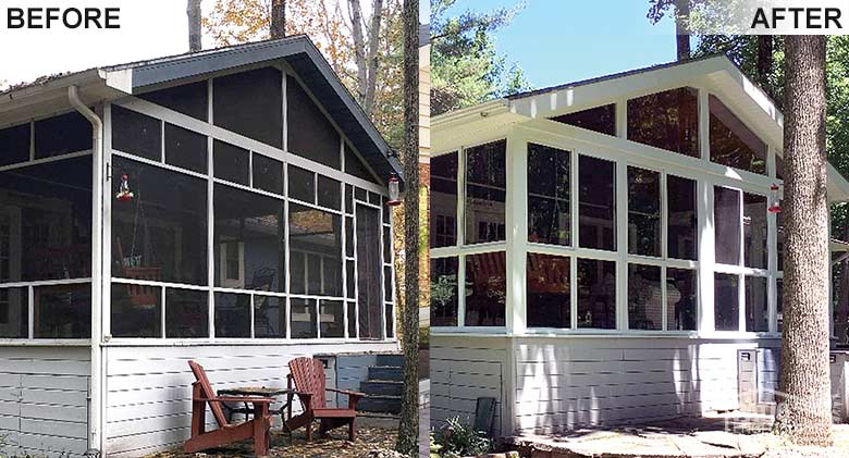 White three season room with glass knee wall enclosing an existing screened-in porch.