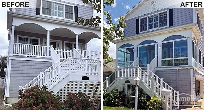 White elite three season room with glass knee wall enclosing an existing front porch.