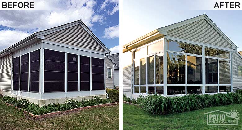 White elite three season room with glass knee wall and transom enclosing an existing screened-in porch.