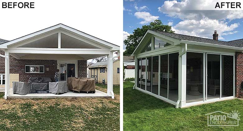 White screen room enclosing an existing covered patio.