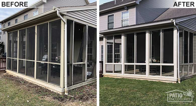 Sandstone three season room with glass knee wall enclosing an existing screen room.