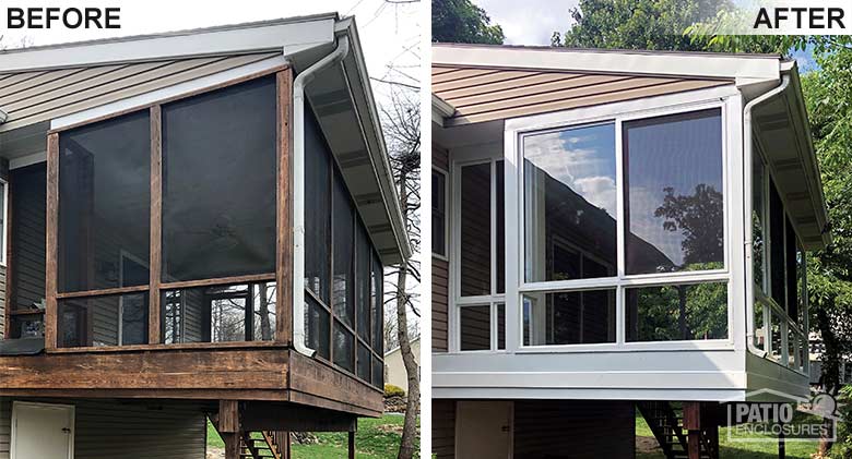 White elite three season room with glass knee wall enclosing an existing screened-in porch.