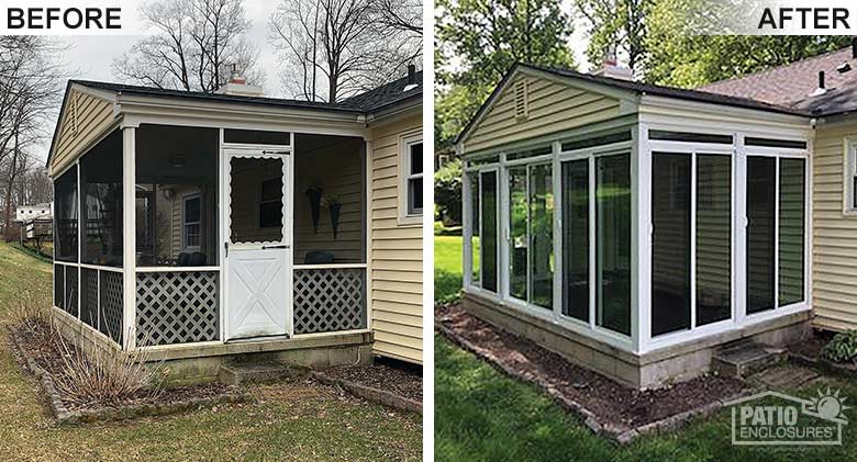 White elite three season room with transom enclosing an existing screen room.