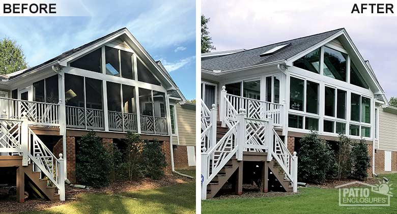 White four season room with vinyl frame, enclosing an existing screened-in porch.