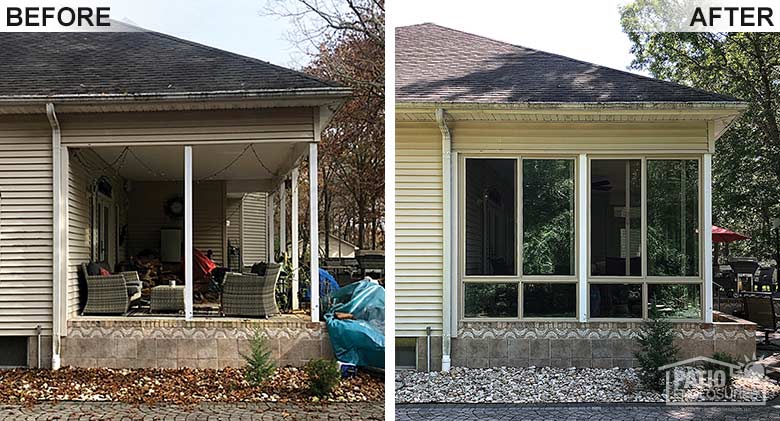 Sandstone elite three season room with insulated glass and glass knee wall enclosing an existing front porch.