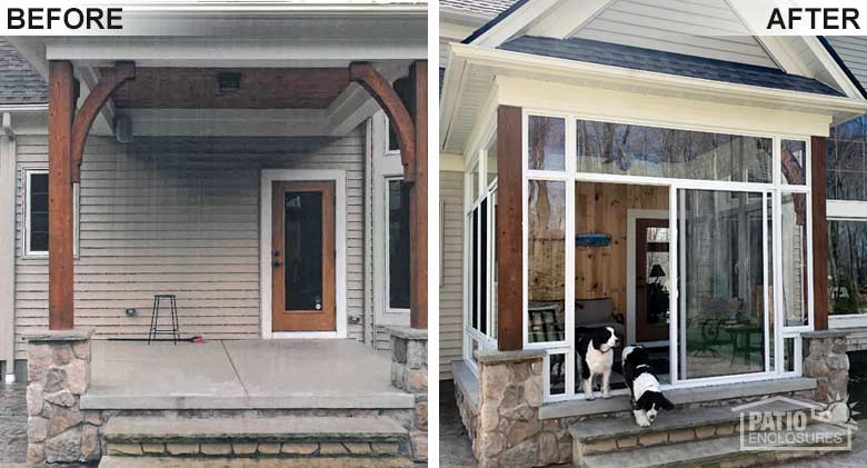 White elite three season room with transom enclosing an existing covered porch.