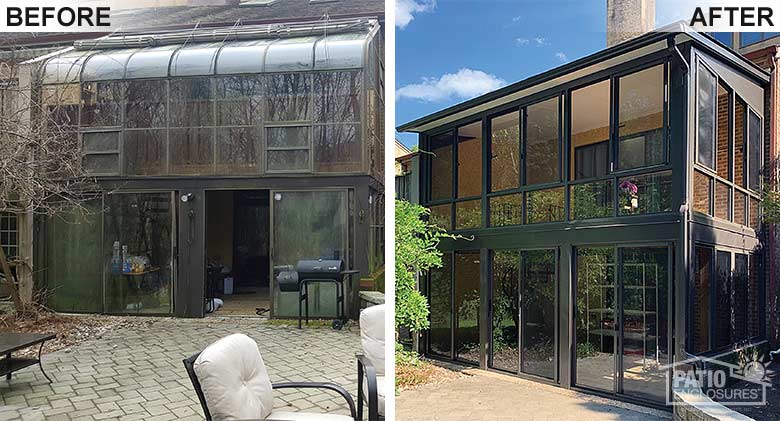 Double-decker Elite three season room in bronze replaced an existing solarium and sunroom.